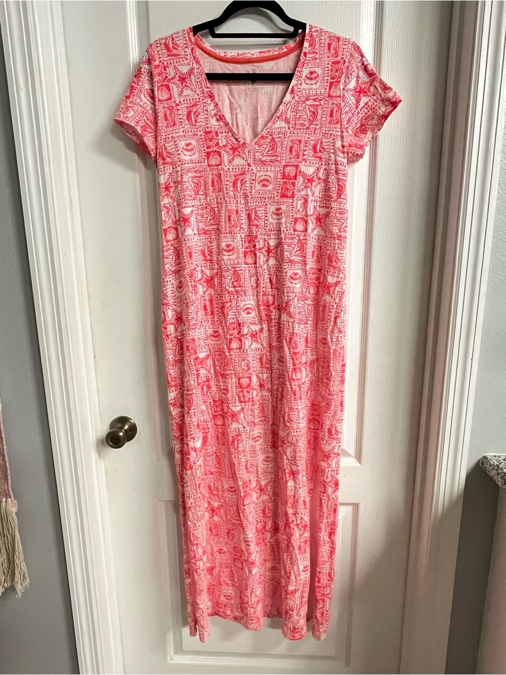 Lilly Pulitzer Coral Pink Printed V-Neck Short Sleeve Maxi Dress